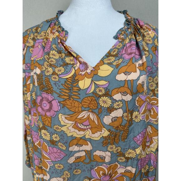 NWT Entro Women's Sz S Runs Big V-neck ruffled Collar floral 3/4 sleeves Boho - Picture 2 of 16